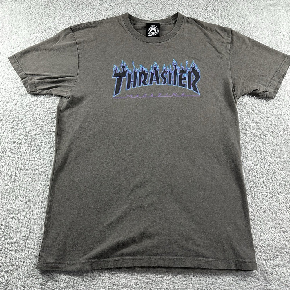 Thrasher San Francisco Shirt Mens Medium Gray Blue Flames Skater Skate Surf